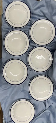 "Juego de 7 cuencos de sopa Williams Sonoma Brasserie banda azul 9"" con borde vintage usados en excelente estado" Foto 1 de 4