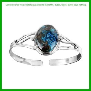 Halloween Sale 925 Sterling Silver Natural Boulder Azurite Boho Bangle Bracelet - Picture 1 of 7