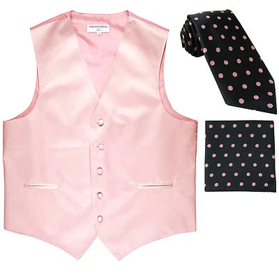 New Men's Formal Vest Tuxedo Waistcoat & Pink Dot Necktie & Hankie set wedding - Image 1 of 4