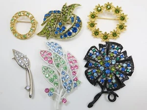 Vintage Rhinestone Brooch Pins Lot Gold Silver Tone Enamel 6 ct D2170 - Picture 1 of 10