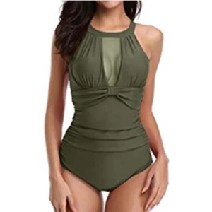 One Piece Swimsuits Monokini Tummy Control Swimwear High Neck Halter Army Green - Picture 1 of 9