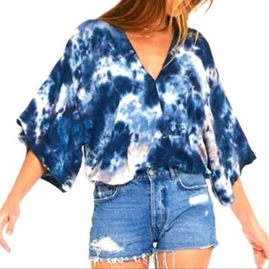 Young Fabulous & Broke Tia Batik Bluse Damen S blau Kimonoärmel V-Ausschnitt - Bild 1 von 12