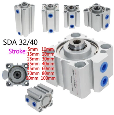SDA 32/40mm Bore Thin Pneumatic Air Cylinder 5~100mm Stroke Double Acting Alloy - Image 1 of 4