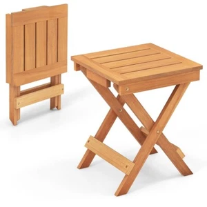 14'' Compact Folding Side Tray Wooden Outdoor Coffee Table w/ Slatted Tabletop - Picture 1 of 9