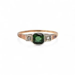 ANTIQUE LADIES EDWARDIAN DIAMOND TOURMALINE RING 14K YELLOW GOLD PLATINUM SZ 9 - Picture 1 of 5