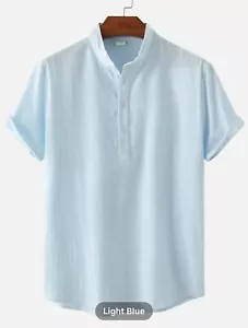 Men’s Henley-Collar Short-Sleeve Button-Front Cotton-Blend Light-Blue Shirt - Picture 1 of 9