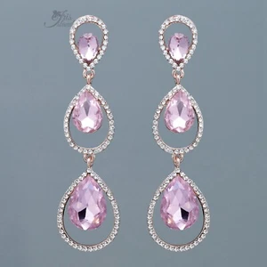 Teardrop Dangle Earrings Pink Crystal Rhinestone Rose Gold Jewelry Women gift 02 - Picture 1 of 5