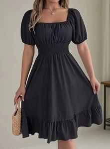 Black Square Neck Midi Puff Sleeve Ruffle Hem Dress XL US Size 12 New Free Ship - Picture 1 of 2