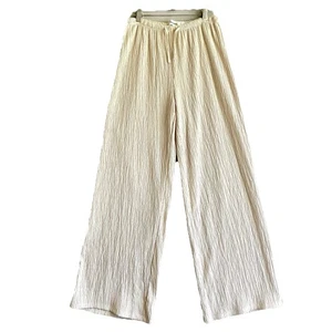 Pantalones Pull & Bear Mujer M Beige Crudo Texturizado Pierna Ancha Cintura Elástica Cordón - Imagen 1 de 7