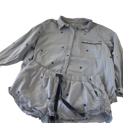 Aerie Star Print Blue Womens Pajama Set 2X Button-Up LS Top & Shorts Cotton - Image 1 of 4