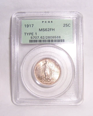 Cuarto de plata Standing Liberty 1917 graduación profesional MS62 FH cabeza completa tipo 1 etiqueta verde Foto 1 de 4
