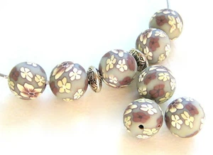 Fimo Perlen rund 12mm Blume grau beige dunkelrot 20 Stück SERAJOSY  - Bild 1 von 1