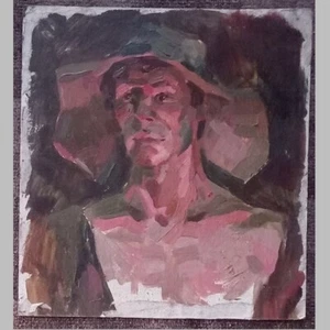 Antiguo retrato de pintura a mano de aceite grande/hombre con sombrero frente al horno/realismo de la URSS - Imagen 1 de 1