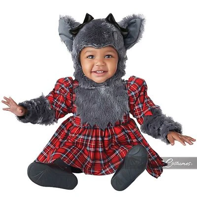 Girls Werewolf Halloween Baby Costume Dress Furry Hood Ears 6-12 12-18 18-24 mo - Image 1 of 3