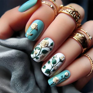 Short Square Press-On Fake Nail Shiny Retro Flowers Colorblock Manicure 24pcs - Picture 1 of 5