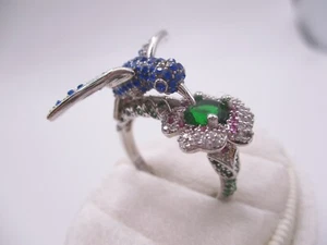 Sterling Silver S925 hummingbird bird flower glass animal ring sz 9.5 0134 - Picture 1 of 12