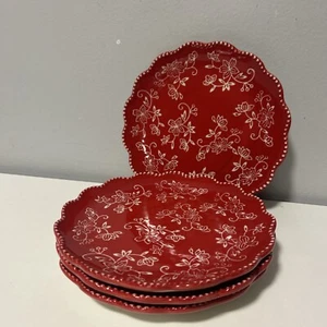 FOUR (4) TEMPTATIONS Red Floral Lace Salad Plates 8" - Picture 1 of 4