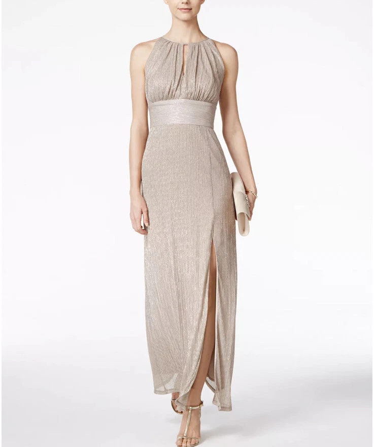 R&m Richards Size 6 Gold Metallic Knit Keyhole Halter Gown Dress