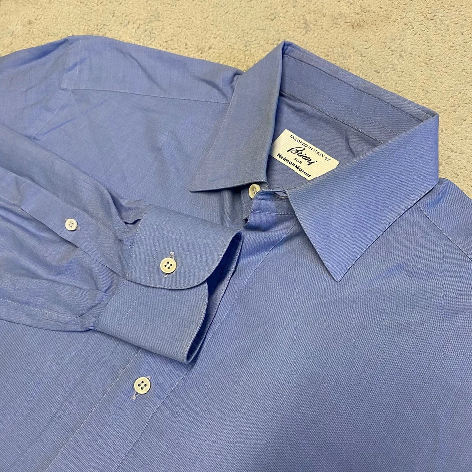 Brioni Shirt Mens 15 Blue Italy Cotton Dress Shirt Neiman Marcus Flaw Read - Image 1 of 4