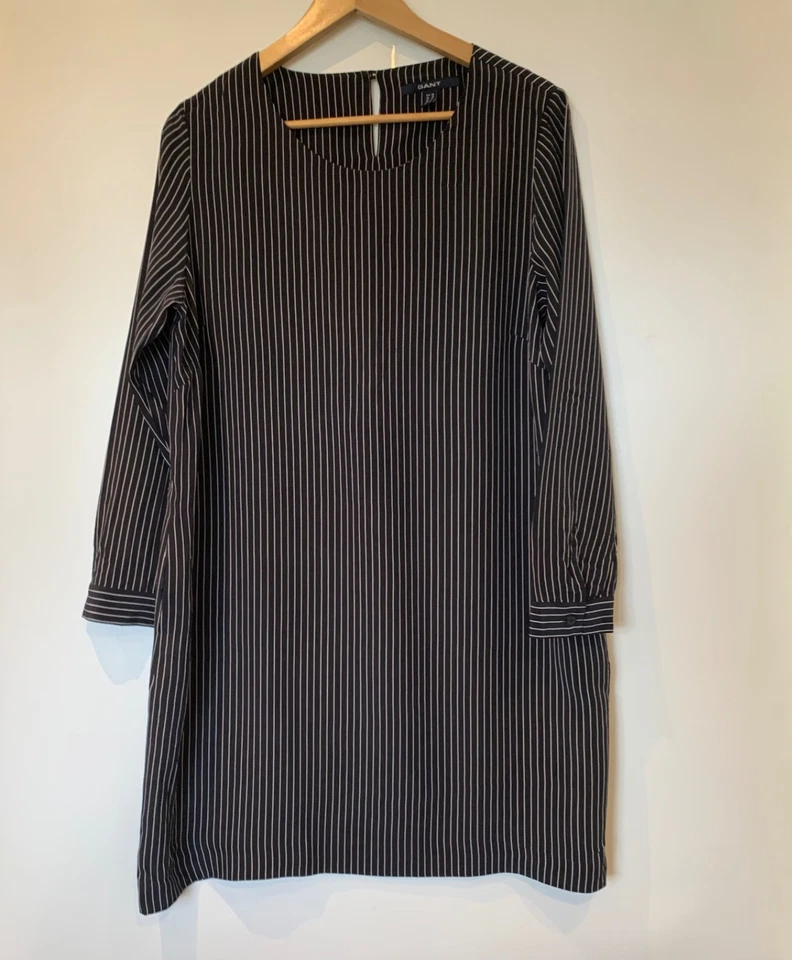 GANT Silk Shift Dress Womens Size 16 Blue Striped Round Neck Long Sleeved - Image 1 of 4
