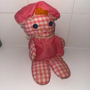 Vintage Fisher Price Pink Plaid Baby Lolly Doll Plush Rattle 12" Gingham 1975 - Picture 1 of 5