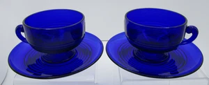 CAMBRIDGE Glass Co. Set of 2 Footed Cups & Saucers TALLY HO Cobalt Blue Art Deco - Picture 1 of 6