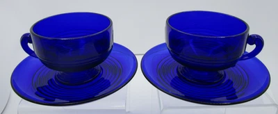 CAMBRIDGE Glass Co. Set of 2 Footed Cups & Saucers TALLY HO Cobalt Blue Art Deco - Image 1 of 4