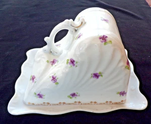 Vintage Käseschale mit Deckel & Tablett lila Blumen Goldrand unbeschriftet - Bild 1 von 20