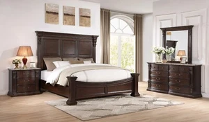 NEW 4PC Brown Queen King Victorian French Traditional Bedroom w/ Marble B/D/M/N - Picture 1 of 4