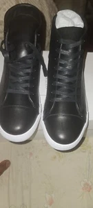 NIB AUTHENTIC MOSCHINO MENS BLACK LEATHER HIGH TOP LOGO SNEAKER U.S. SZ. 12 - Picture 1 of 10
