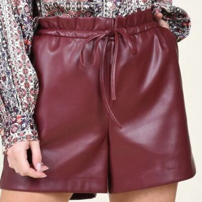 Shorts femininos casuais feitos à mão festa elegante pele de cordeiro couro borgonha genuíno - Imagem 1 de 4