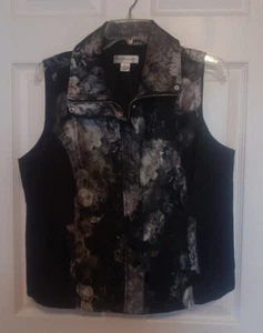Christopher & Banks Black/Silver Floral Zip Vest-M Abstract Rose Pattern Pockets - Picture 1 of 6