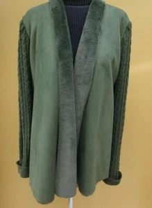MULTIPLES Soft Green Cardigan/Jacket, Knit Sleeves Soft Faux Fur Lining - Size L - Picture 1 of 6
