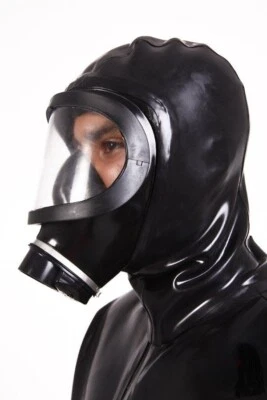 Black Rubber Gas Mask With Attached Latex Hood - Image 1 of 3