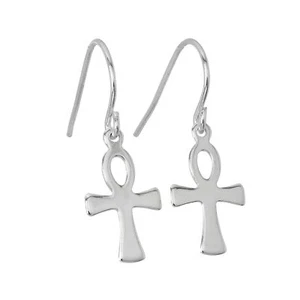 Sterling Silver Ankh Cross Dangle Fish Hook Earrings Dangly Egypt Faith - Picture 1 of 2