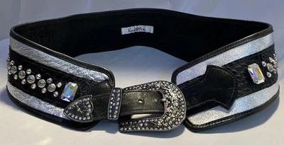 Cinturón KurtMen L/XL Negro y Plata Tachuelas Masivas AB Estrás Ancho Boho Rocker Foto 1 de 4
