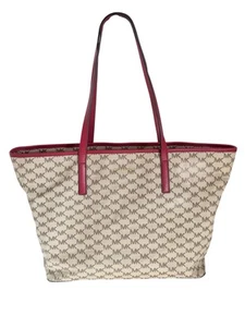 Michael Kors Jet Set Tote Bag Beige MK Logo Red Trim Large Shoulder Purse - Picture 1 of 16