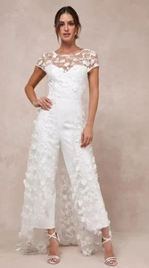 Lulus White Floral Embroidered Overlay Bridal Jumpsuit Size XL NWT Flowing Train - Bild 1 von 9
