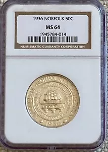 Exceptional BU 1936 Norfolk Commemorative Half Dollar - NGC MS64 - Picture 1 of 4