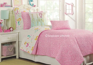 4-pc ☆ MERMAID SUMMER ☆ Twin Quilt Pillow Set Starfish Seahorses GIRLS LOVE PINK - Picture 1 of 12