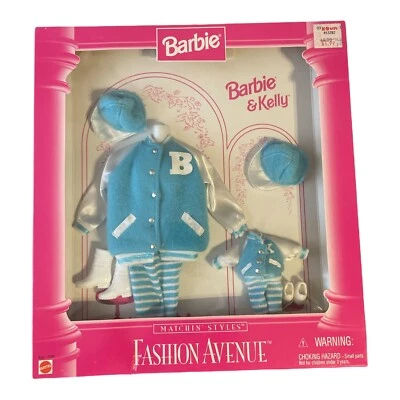 FASHION AVENUE BARBIE & KELLY MATCHING BLUE LETTERMAN JACKETS, HATS & SHOES - Image 1 of 2