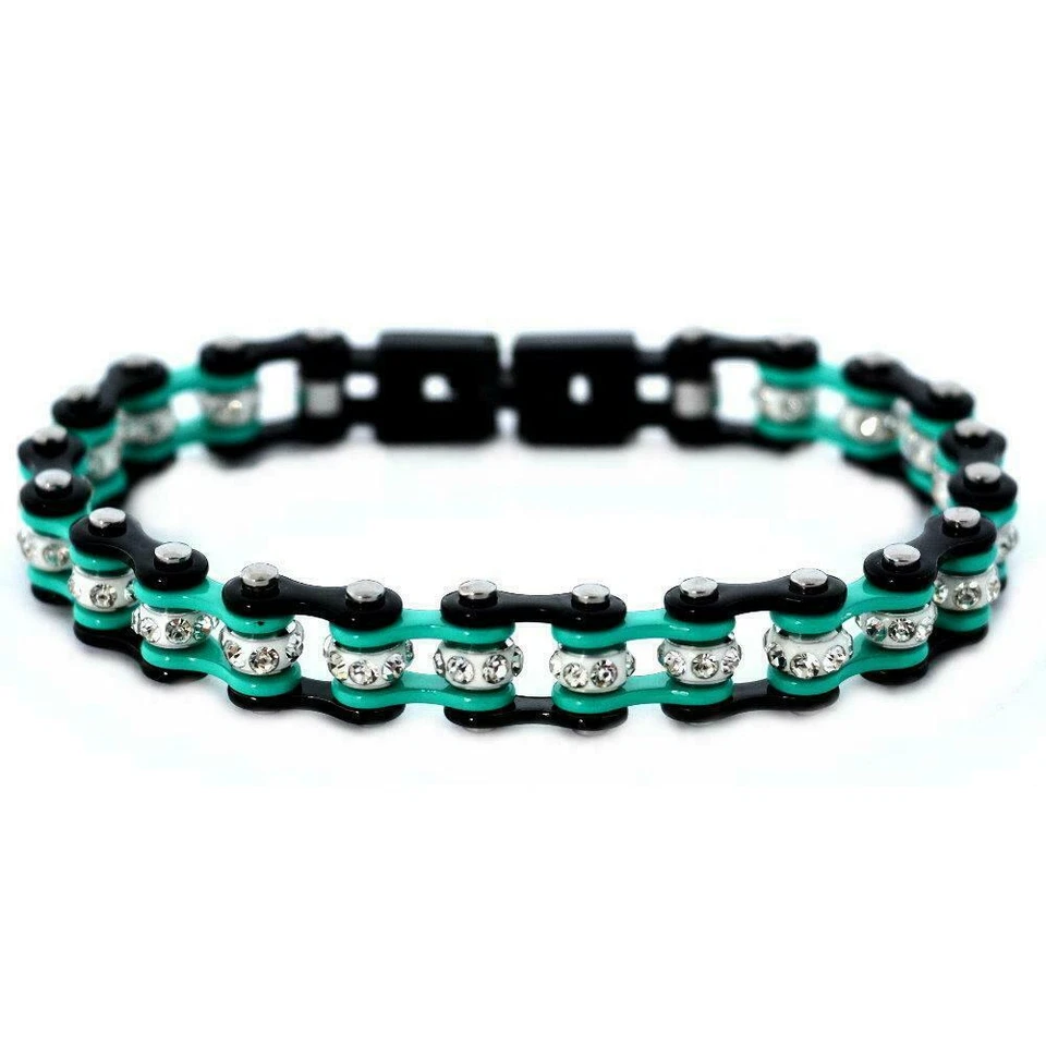 Black Aquamarine Mini Stainless Steel Bike Bracelet 148 - Image 1 of 1