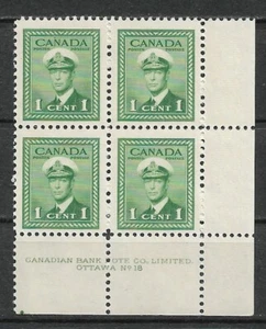 Canada 1942 GVI war issue definitive 1¢ Plate block #18 LR. SC 249 MNH - Picture 1 of 1