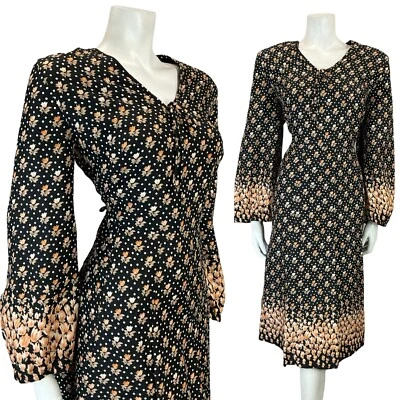 VESTIDO BATA VINTAGE AÑOS 60 70 NEGRO NARANJA FLORAL BOHO CUELLO EN V CORBATA MANGA CAMPANA 14 16 Foto 1 de 4