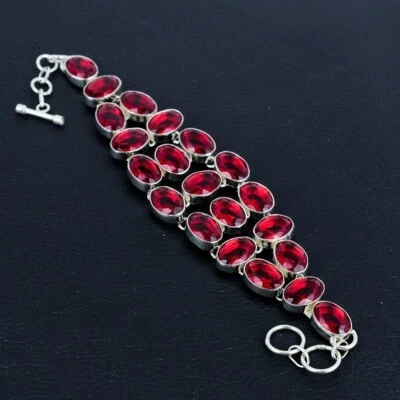 925 Sterling Silver Mozambique Garnet Gemstone Handmade Jewelry Chain Bracelet - Image 1 of 4