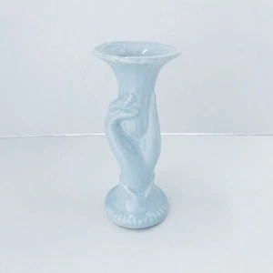 Vintage Shawnee Pottery Hand Holding Trumpet Flower Light Blue Ceramic Vase 7” - Picture 1 of 10