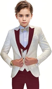 Boys Tuxedo Suit Jacquard Slim Fit 3 Piece Formal Wedding Kids Tuxedo Suits - Picture 1 of 22