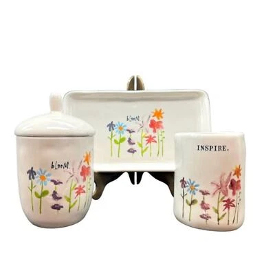Rae Dunn "BLOOM" Artisan Collection 3 Piece Set - Incudes Tray, Canister, Cup - Image 1 of 4