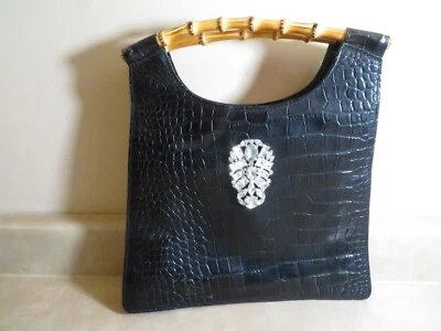 Bolso de mano vintage Maurizio Taiuti de cuero italiano negro con asas de bambú y vidrio Foto 1 de 4
