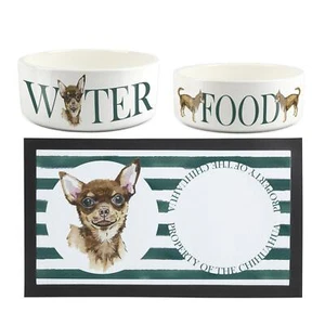 Chihuahua Pet Bowls & Mat Set - White Ceramic Food & Water Dishes Gifts - Picture 1 of 5